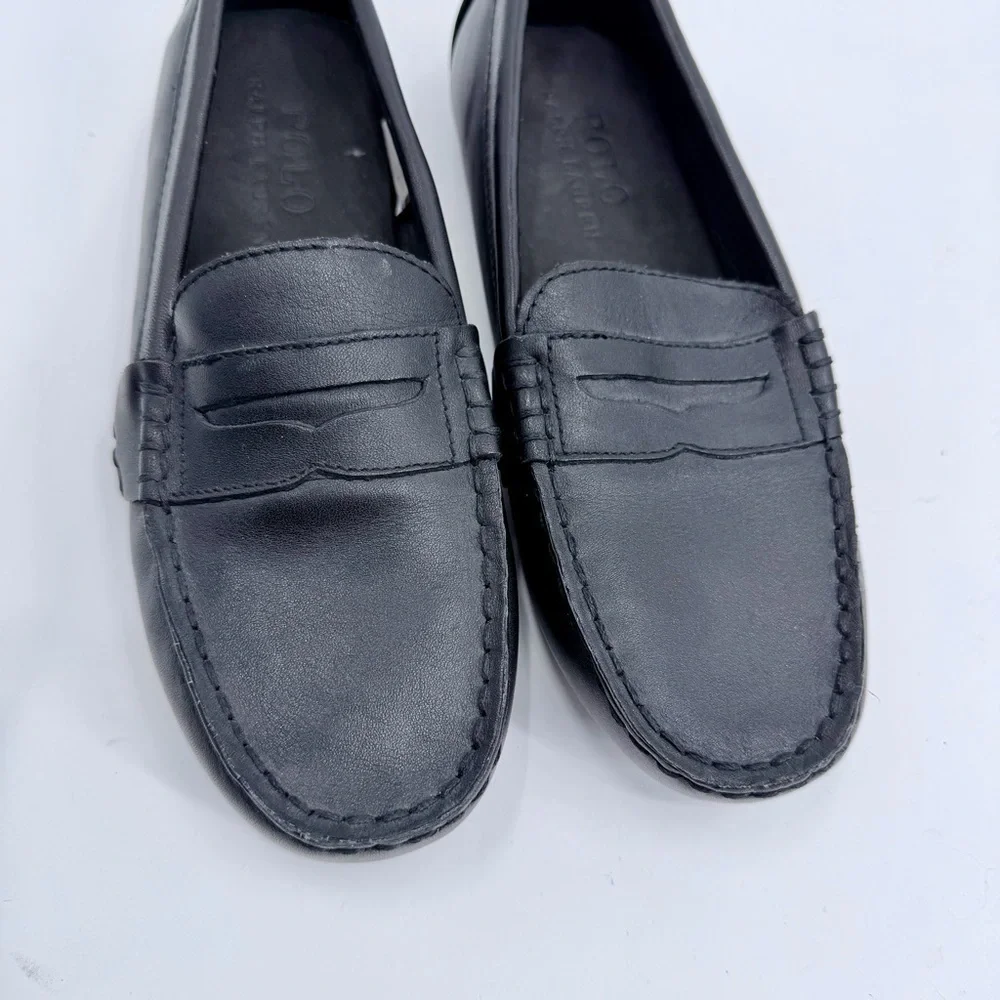 POLO RALPH LAUREN Telly Black Leather Penny Loafer Drivers Size 4 Boys / 6 Women